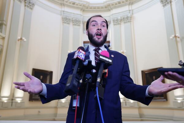 State Sen. Colton Moore, R-Trenton, speaks to press members after being allowed to be at the State of the Judiciary Address, where he addresses the events that put him in jail two weeks ago outside of the House Chamber. Tuesday, January, 28, 2025
(Miguel Martinez/ AJC)