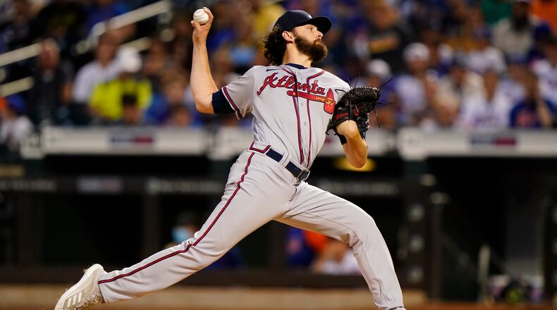 Braves starter Ian Anderson delivers a pitch in the first inning of Monday's Game 2 of a doubleheader against the Mets.