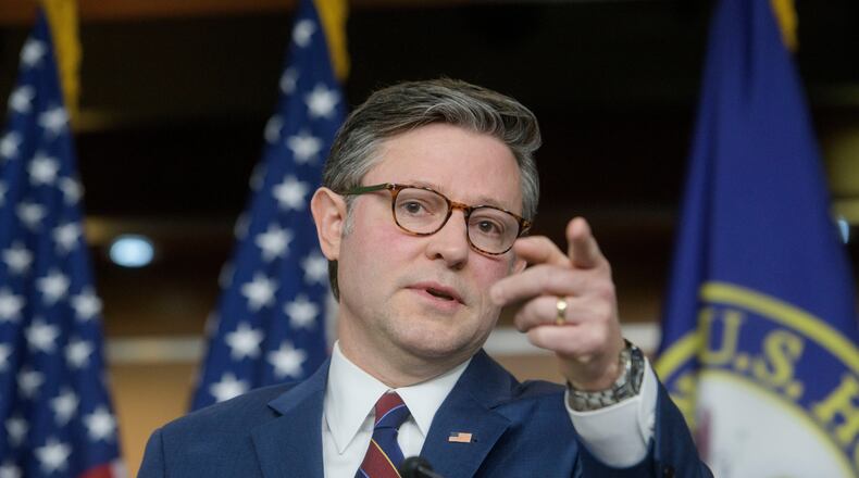 Speaker of the House Mike Johnson, R-La., speaks during a news conference at the Capitol, Tuesday, Jan. 13, 2026, in Washington. (AP Photo/Rod Lamkey, Jr.)