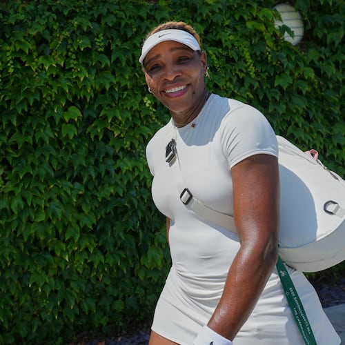 Serena Williams of the United States smiles after a training session at the All England Lawn Tennis and Croquet Club, ahead of the Wimbledon Championships in London, Thursday, June 25, 2026. (AP Photo/Kirsty Wigglesworth)