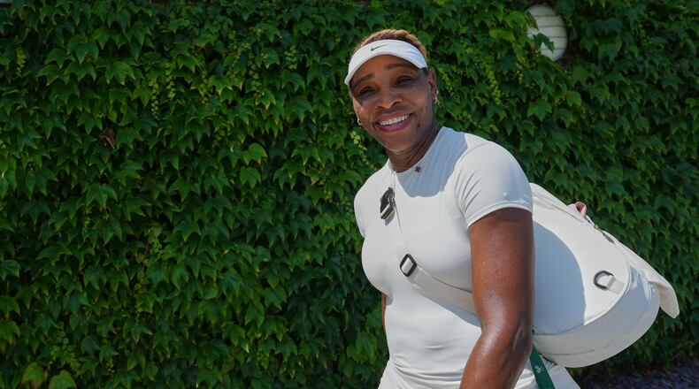 Serena Williams of the United States smiles after a training session at the All England Lawn Tennis and Croquet Club, ahead of the Wimbledon Championships in London, Thursday, June 25, 2026. (AP Photo/Kirsty Wigglesworth)