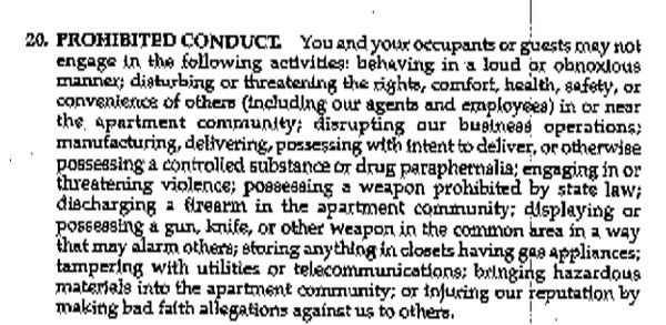 An eviction notice obtained by AJC.com claims Laquilla Vaughn violated the "prohibited conduct" clause of her lease, pictured here. (Photo: Drew Gilliland)