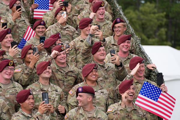 Army soldiers listen as President Donald Trump speaks at Fort Bragg, Tuesday, June 10, 2025, in Fort Bragg, N.C. (AP Photo/Alex Brandon)