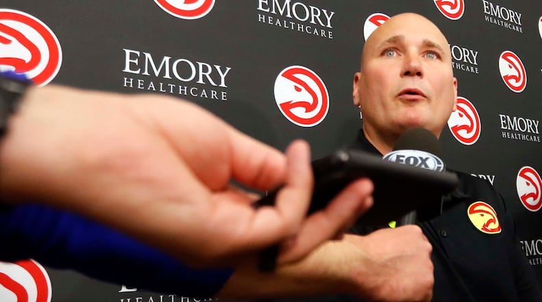 Atlanta Hawks general manager Travis Schlenk speaks to reporters Thursday, April 26, 2018, in Atlanta. (John Bazemore/AP)