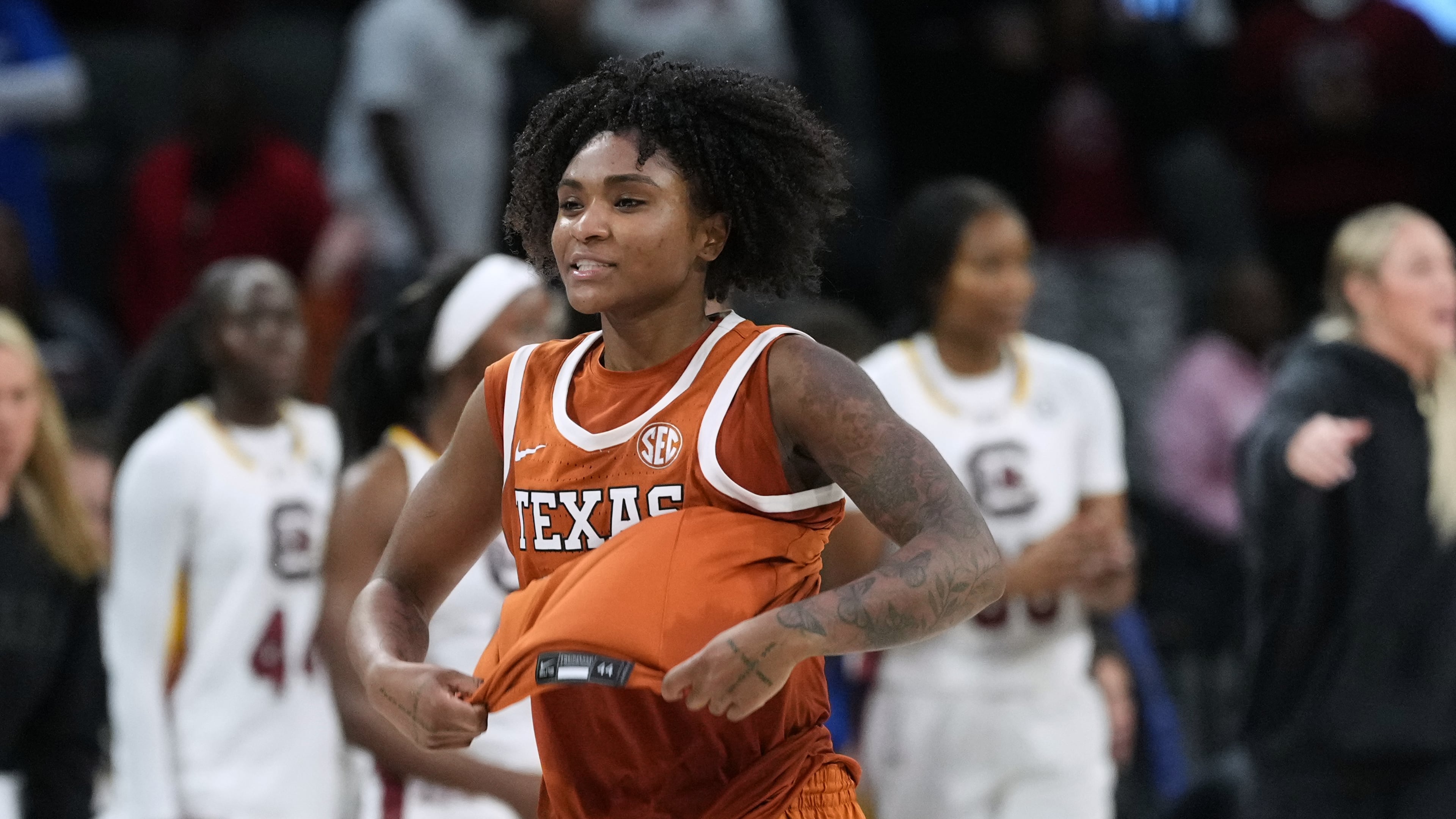 Texas guard Rori Harmon (3) celebrates the team's win over South Carolina in an NCAA college basketball game in the Players Era tournament in Las Vegas, Thursday, Nov. 27, 2025. (AP Photo/Eric Gay)