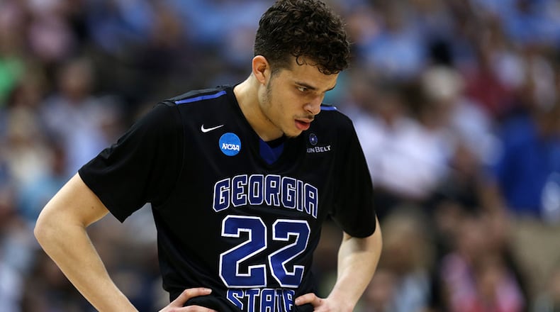 JACKSONVILLE, FL - MARCH 21: R.J. Hunter #22 of the Georgia State Panthers reacts in the second half against the Xavier Musketeers during the third round of the 2015 NCAA Men's Basketball Tournament at Jacksonville Veterans Memorial Arena on March 21, 2015 in Jacksonville, Florida. (Photo by Mike Ehrmann/Getty Images)