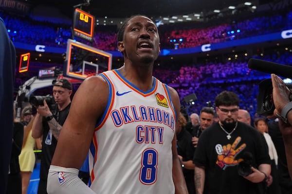 Oklahoma City Thunder forward Jalen Williams (8) leaves the court after Game 5 of the NBA Finals basketball series against the Indiana Pacers, Monday, June 16, 2025, in Oklahoma City. (AP Photo/Kyle Phillips)