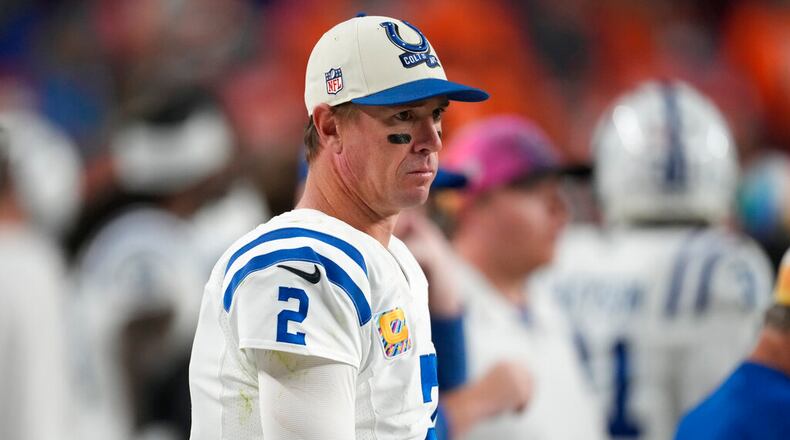 Indianapolis Colts quarterback Matt Ryan (2) watches from the sidelines during the second half of an NFL football game against the Denver Broncos, Thursday, Oct. 6, 2022, in Denver. (AP Photo/David Zalubowski)