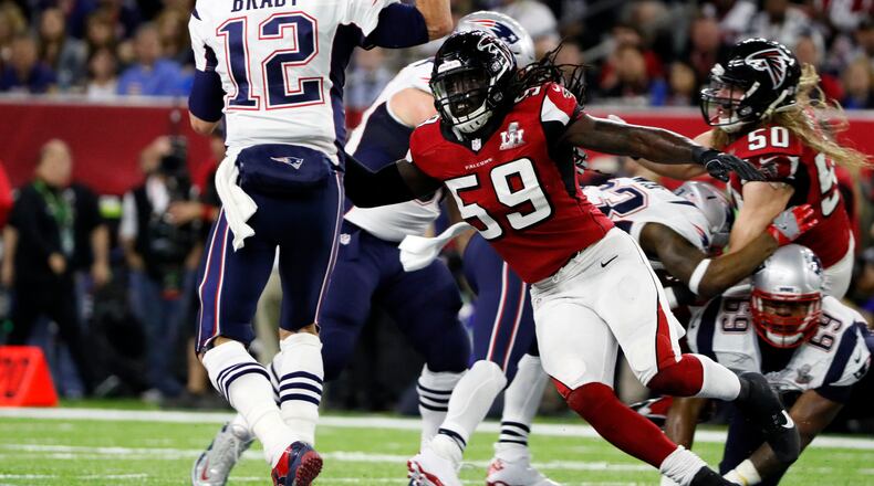 FEBRUARY 5, 2017  HOUSTON TX  Atlanta Falcons outside linebacker De'Vondre Campbell (59) pressures New England Patriots quarterback Tom Brady (12) in the second quarter as the Atlanta Falcons meet the New England Patriots in Super Bowl LI at NRG Stadium in Houston, TX, Sunday,  February 5, 2017. Bob Andres/AJC