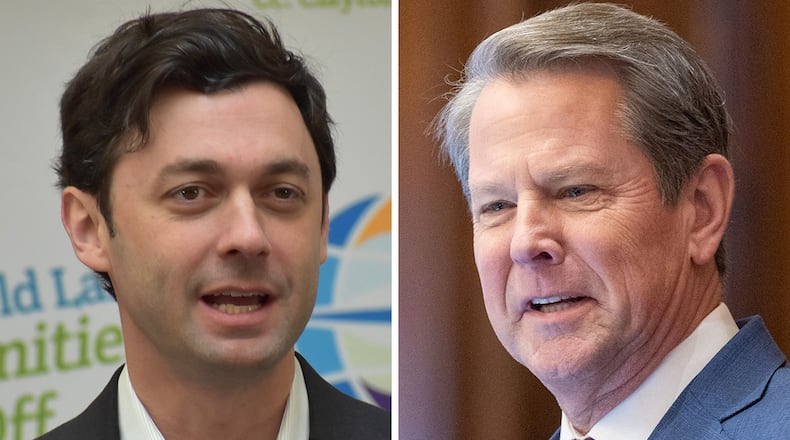 Republican Gov. Brian Kemp (right) criticized the vote of Democratic U.S. Sen. Jon Ossoff of Georgia on a bill about transgender athletes. (AJC)