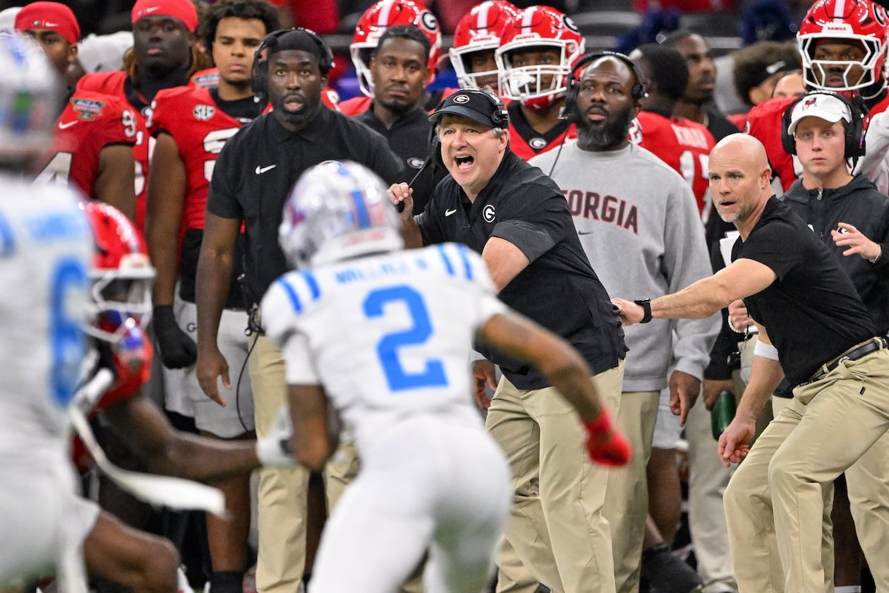 Georgia coach Kirby Smart calls in a play against Ole Miss during the second quarter of the Sugar Bowl in the Caesars Superdome on Thursday, Jan. 1, 2026, in New Orleans. (Hyosub Shin/AJC)