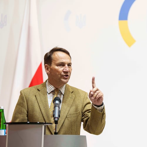 FILE - Poland's Foreign Minister Radoslaw Sikorski speaks during press conference with Ukraine's Foreign Minister Andrii Sybiha in Kyiv, Ukraine, Friday, Sept. 12, 2025. (AP Photo/Evgeniy Maloletka, file)