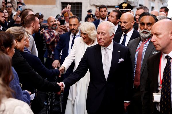 Britain's King Charles III and Queen Camilla in Rome, Wednesday, April 9, 2025. (Vincenzo Livieri, Pool Photo via AP)