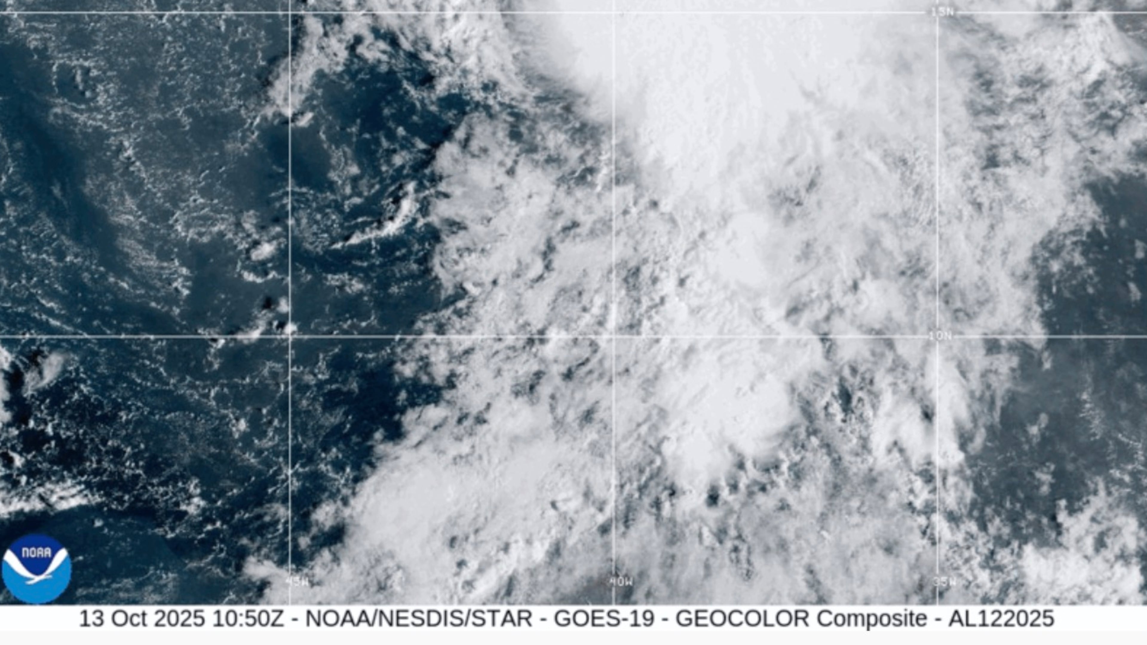 This satellite image provided by the National Oceanic and Atmospheric Administration (NOAA) shows Tropical Storm Lorenzo in the Atlantic Ocean, Monday, Oct. 13, 2025. (NOAA via AP)