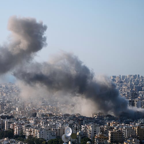 Smoke rise from an Israeli airstrike in Dahiyeh, Beirut's southern suburbs, Lebanon, Tuesday, March 10, 2026. (AP Photo/Bilal Hussein)