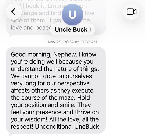A text exchange between William "Buck" Godfrey and his nephew, AJC senior reporter Gavin Godfrey, about three weeks after Gavin's father died. (Gavin Godfrey/AJC)