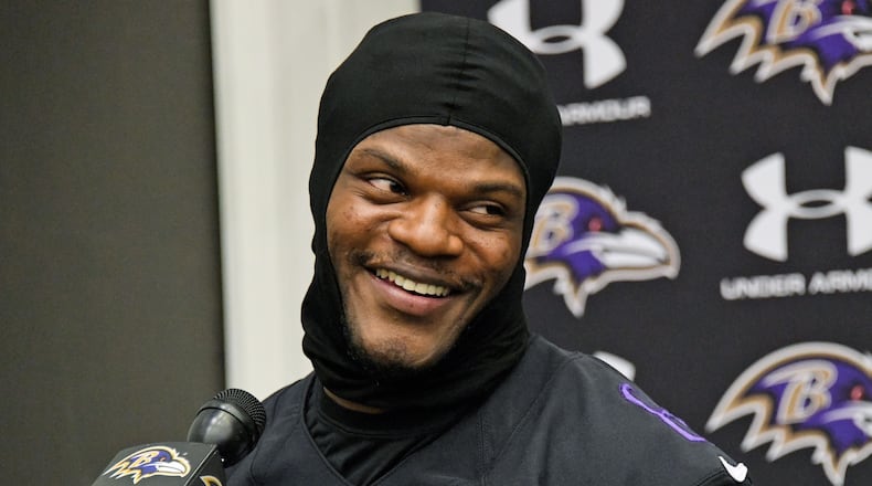 Ravens quarterback Lamar Jackson takes questions Dec. 2, 2022, after practice at the Under Armour Performance Center. (Kim Hairston/The Baltimore Sun/TNS)