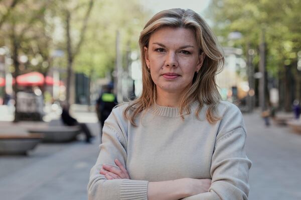 Ksenia Lutskina, a Belarusian journalist who was imprisoned in Belarus for several years and left the country after her release, poses for a photo in Berlin, Germany, on April 15, 2025. (AP Photo/Ebrahim Noroozi)