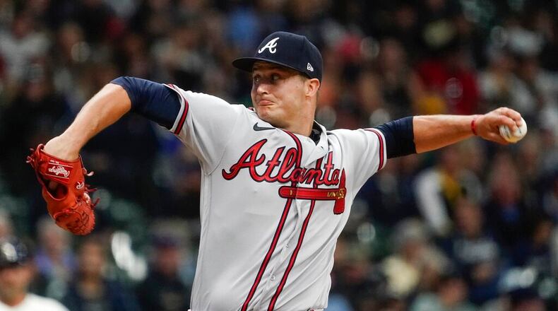 Braves starter Tucker Davidson allowed only three hits over five scoreless innings against the Brewers in Milwaukee. (AP Photo/Morry Gash)