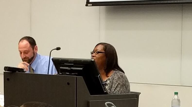State Rep. Valencia Stovall, D-Ellenwood, (right), speaks for the Opportunity School District referendum during a 2016 event at Georgia State University. TY TAGAMI/AJC