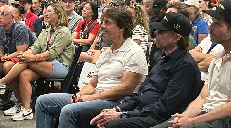 Actor Tom Cruise and movie producer Jerry Bruckheimer attend a drivers meeting before a NASCAR Cup Series auto race at Daytona International Speedway, Saturday, Aug. 29, 2026, in Daytona Beach, Fla. (AP Photo/Mark Long)