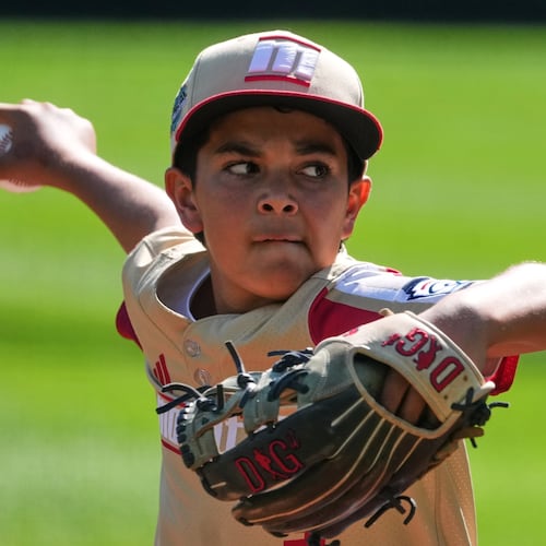 Henderson, Nev.'s Owen Guzman delivers during the first inning of the United States Championship baseball game against Hamilton, Ohio, at the Little League World Series tournament in South Williamsport, Pa., Saturday, Aug. 29, 2026. (AP Photo/Gene J. Puskar)