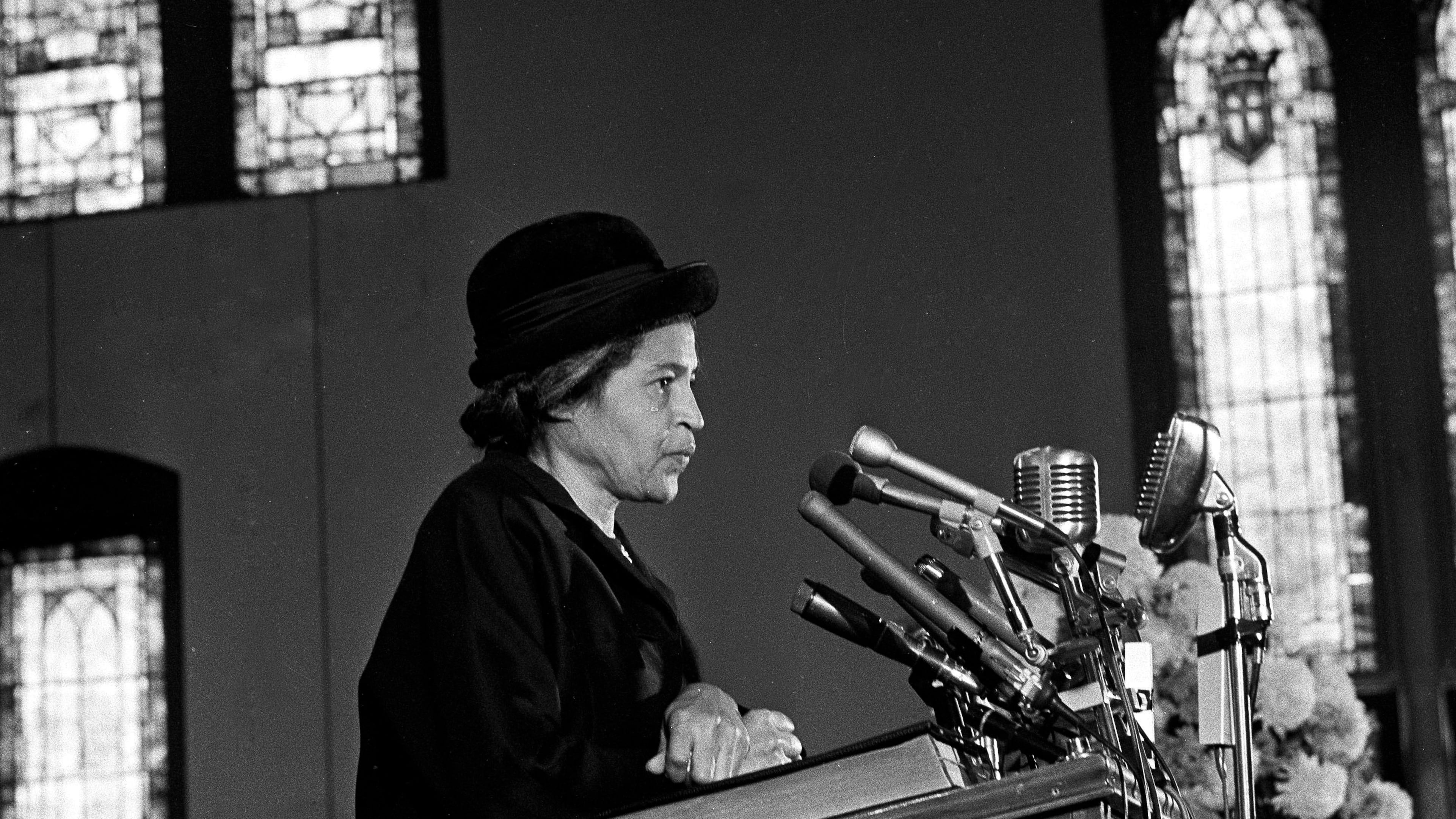 FILE - Rosa Parks speaks at Ebenezer Baptist Church in Atlanta, Ga., Jan. 15, 1969. (AP Photo/Joe Holloway, Jr., File)