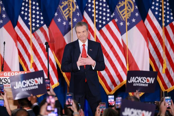Republican gubernatorial nominee Rick Jackson greets his supporters at his election night party last month. (Jason Getz/AJC)