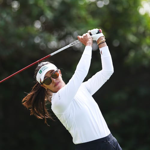Alison Lee hits off the 11th tee during the second round of the U.S. Women's Open golf tournament Friday, June 5, 2026, in the Pacific Palisades area of Los Angeles. (AP Photo/Jessie Alcheh)