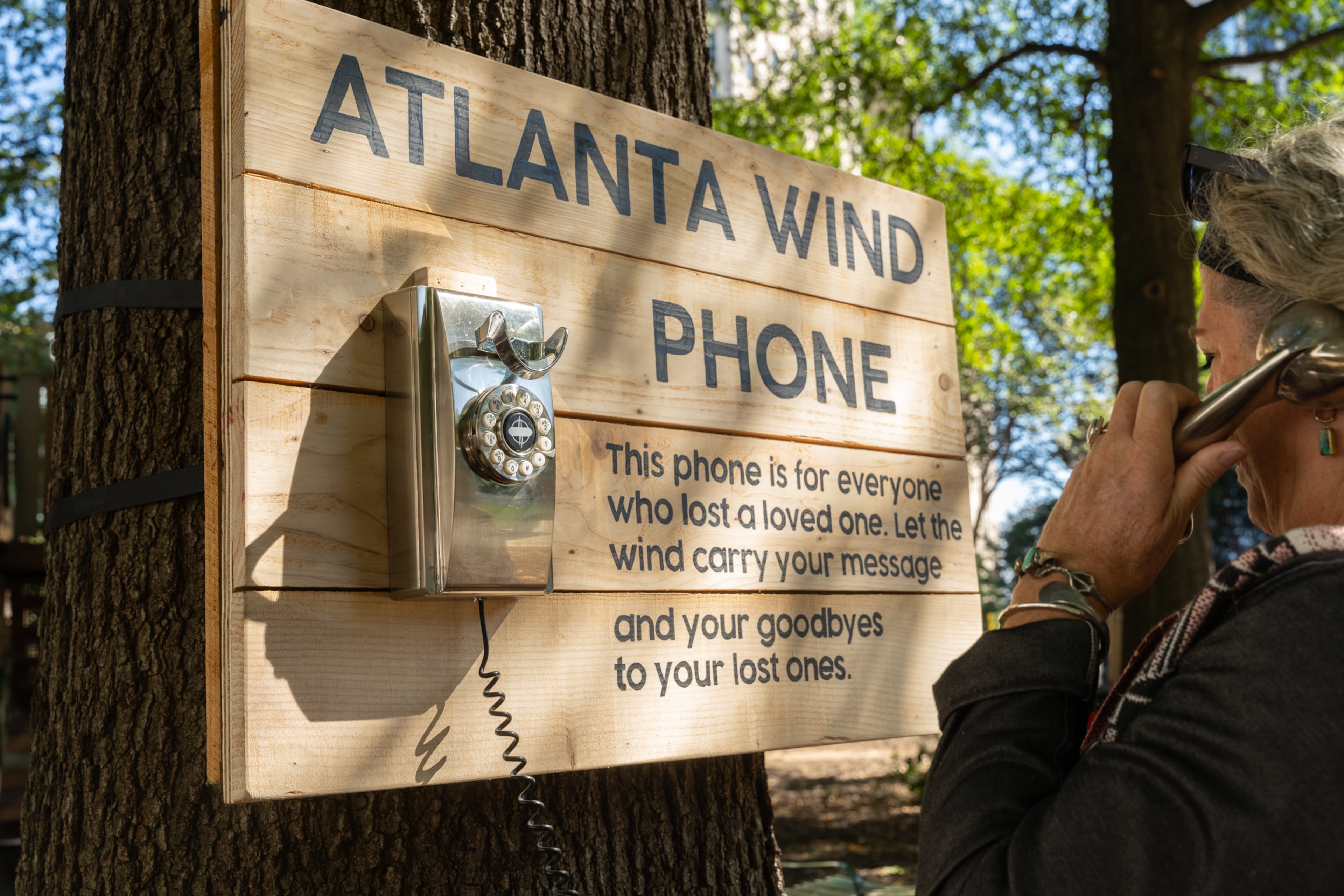 The Atlanta Wind Phone is part of Woodruff Park's latest art installation — “The Space Within”. The public art pieces are designed to inspire reflection and inner peace. Among them, the wind phone offers a place for the bereaved to embrace their grief. (Courtesy of Jeffrey Moustache)