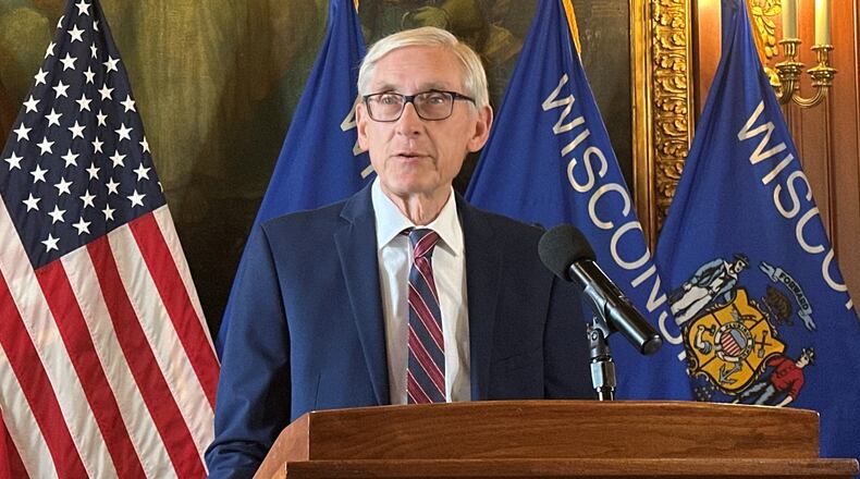 FILE - Wisconsin Gov. Tony Evers speaks during a news conference, Jan. 12, 2026, in Madison, Wis. (AP Photo/Scott Bauer, File)