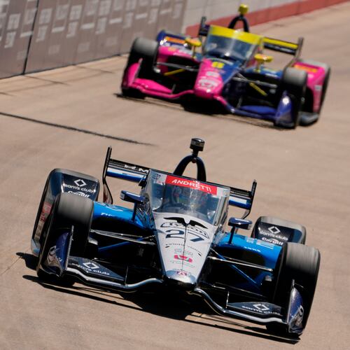 FILE - Kyle Kirkwood (27) drives during an IndyCar auto race Aug. 31, 2025, at Nashville Superspeedway in Lebanon, Tenn. (AP Photo/George Walker IV, File)