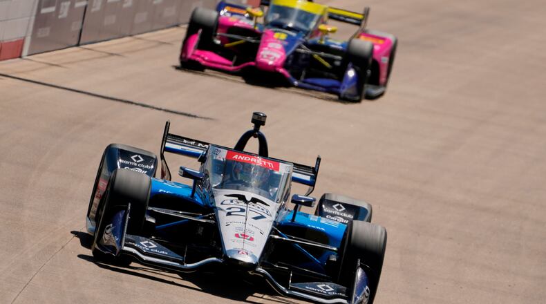 FILE - Kyle Kirkwood (27) drives during an IndyCar auto race Aug. 31, 2025, at Nashville Superspeedway in Lebanon, Tenn. (AP Photo/George Walker IV, File)