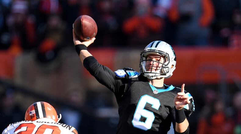Taylor Heinicke  of the Carolina Panthers passes the ball during the second quarter against the Cleveland Browns at FirstEnergy Stadium on December 9, 2018 in Cleveland, Ohio. (Photo by Jason Miller/Getty Images)