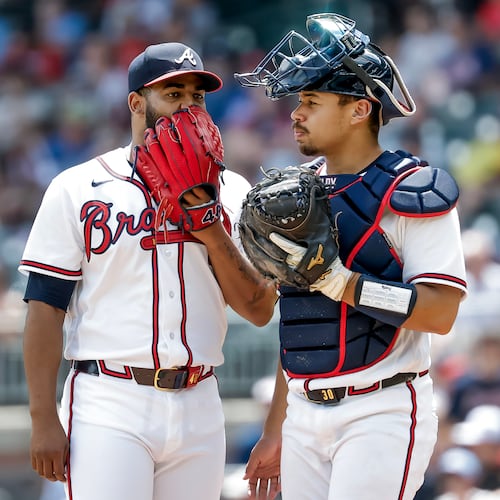Braves catcher Drake Baldwin (right) speaks with pitcher Reynaldo López during the sixth inning against the Giants on Wednesday, June 17, 2026, in Atlanta. (Erik S. Lesser/AP)