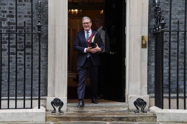 British Prime Minister Keir Starmer departs 10 Downing Street, London, to attend Prime Minister's Questions at the Houses of Parliament, on Wednesday July 2, 2025. (Lucy North/PA via AP)
