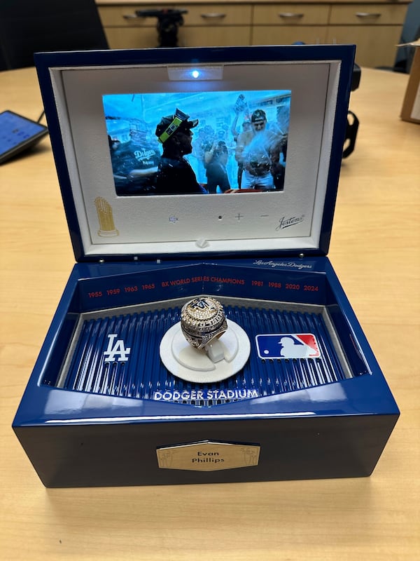A Los Angeles Dodgers 2024 World Series ring sits in its box after a ceremony at Dodger Stadium on Friday, March 28, 2025, in Los Angeles. (AP Photo/Beth Harris)