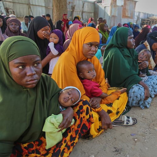 Somali women displaced by drought sit at Feynuus Nutrition Centre on the outskirts of the capital, Mogadishu, Somalia Wednesday, Aug. 19, 2026. (AP Photo/Farah Abdi Warsameh)
