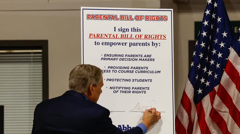 Texas Gov. Greg Abbott is among the governors who have pushed and passed "parental bill of rights" laws that give parents more input into curriculum, school libraries, and what their children are taught. (Lola Gomez/The Dallas Morning News/TNS)