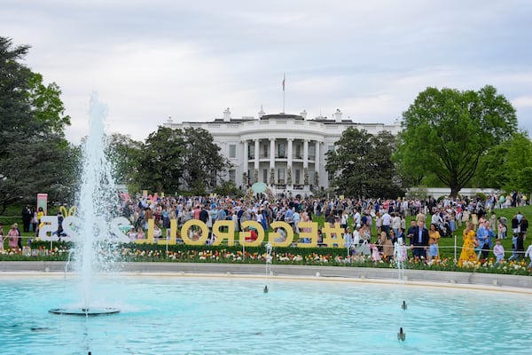 Guests arrive on the South Lawn of the White House before President Donald Trump and first lady Melania Trump participate in the White House Easter Egg Roll Monday, April 21, 2025, in Washington. (AP Photo/Alex Brandon)