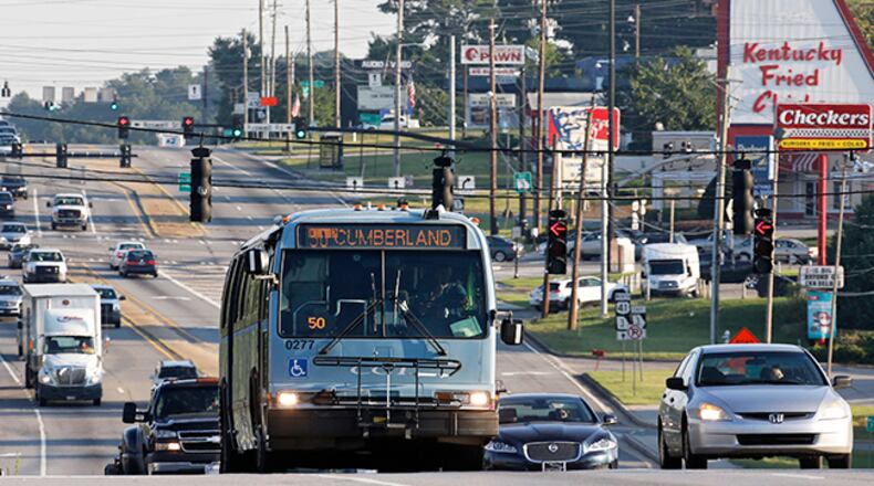 July 16, 2015 - Marietta - Morning commute traffic along US 41 at Roswell Rd., in an area where bus rapid transit would be constructed. Traffic modeling found that the amount of time cars are stuck waiting in congested intersections would increase if the transit system is built, according to the report.