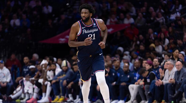 Philadelphia 76ers' Joel Embiid runs up the court during the first half of an NBA basketball game against the Atlanta Hawks, Sunday, Nov. 30, 2025, in Philadelphia. (AP Photo/Chris Szagola)