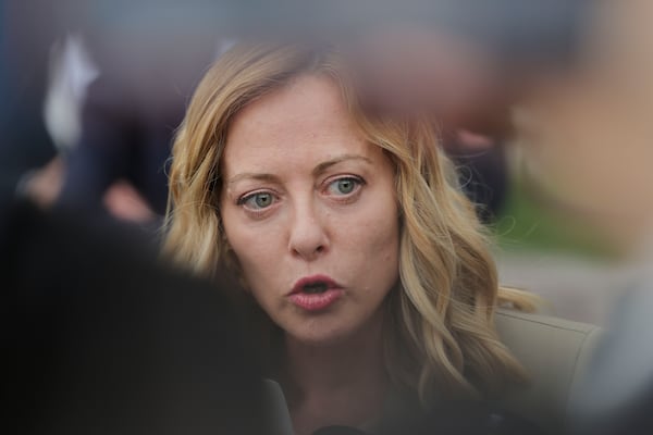 Italy's Prime Minister Giorgia Meloni attends the European Political Community summit in Tirana, Albania, Friday, May 16, 2025. (AP Photo/Vlasov Sulaj)