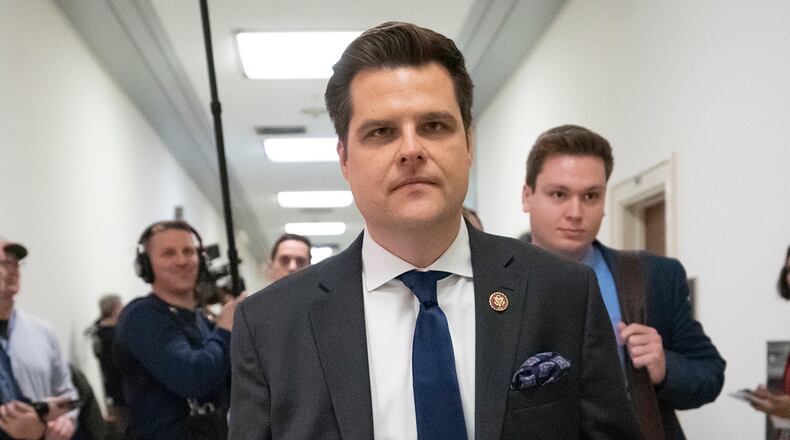 Rep. Matt Gaetz, R-Fla., a member of the House Judiciary Committee, walks past a House Oversight hearing on Capitol Hill in Washington, on Wednesday, Feb. 27, 2019. (AP Photo/J. Scott Applewhite)