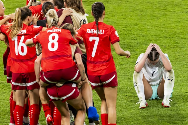 Iceland's Karolina Vilhjalmsdottir , right, reacts at the end of the Euro 2025, group A, soccer match between Switzerland and Iceland at Stadion Wankdorf in Bern, Switzerland, Sunday, July 6, 2025. (Salvatore Di Nolfi/Keystone via AP)