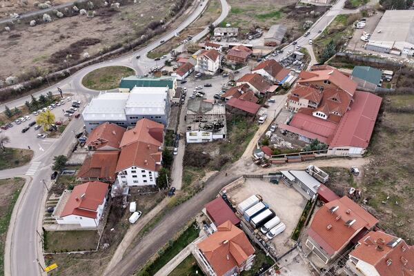 An aerial photograph shows the site of a nightclub in the town of Kocani, North Macedonia, Sunday, March 16, 2025, following a massive fire in the nightclub early Sunday. (AP Photo/Armin Durgut)