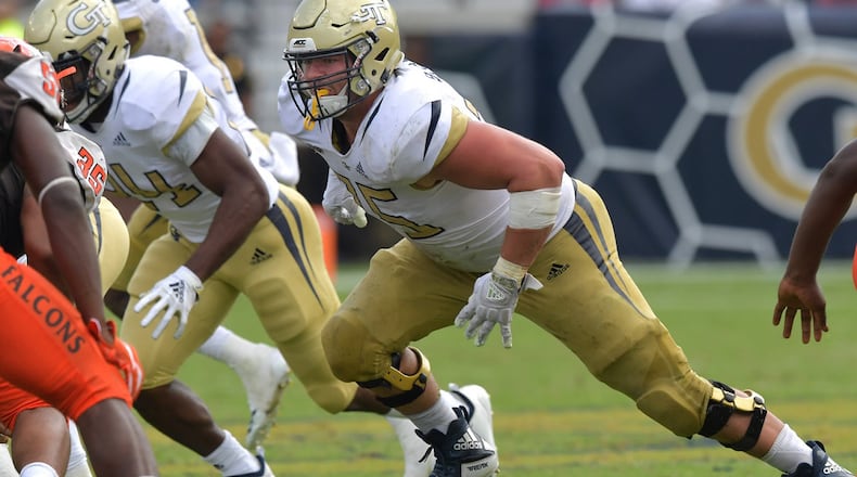 Georgia Tech offensive lineman Parker Braun (75) in the second half at Bobby Dodd Stadium on Saturday, September 29, 2018. HYOSUB SHIN / HSHIN@AJC.COM (For Ken Sugiura's story)