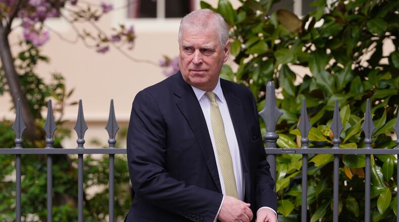 FILE - Britain's Andrew Mountbatten-Windsor, formerly known as Prince Andrew, looks round as he leaves after attending the Easter Matins Service at St. George's Chapel, Windsor Castle, England, April 20, 2025. (AP Photo/Kirsty Wigglesworth, File)