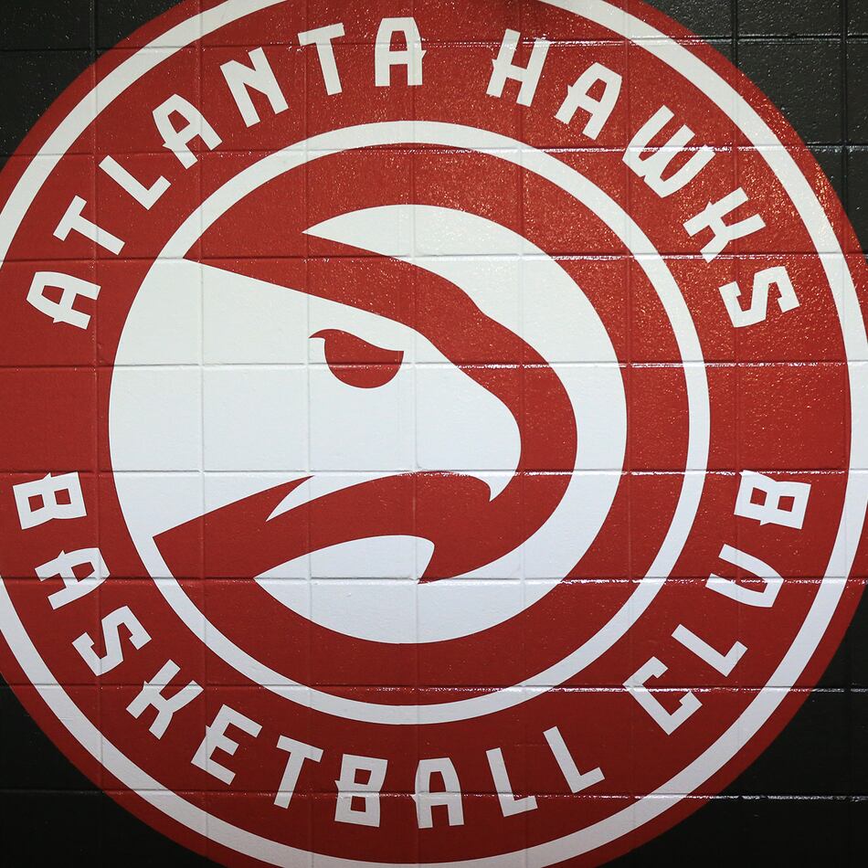 The Hawks logo was painted on the tunnel wall leading out to the court for the first regular season basketball game on Tuesday, Oct. 27, 2015, in Atlanta. (Curtis Compton/AJC)