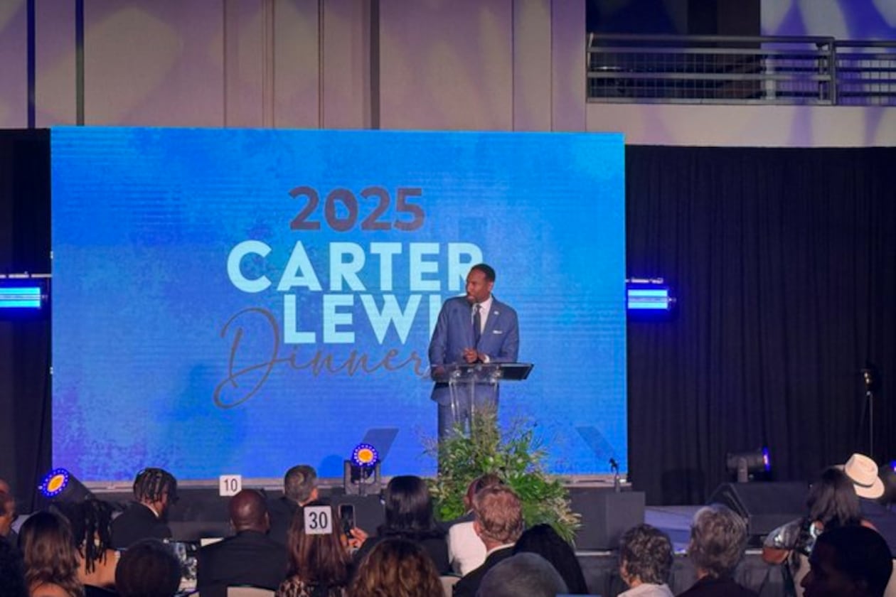 Atlanta Mayor Andre Dickens was among the speakers at the Carter-Lewis Dinner in Atlanta on Friday. (Greg Bluestein/AJC)